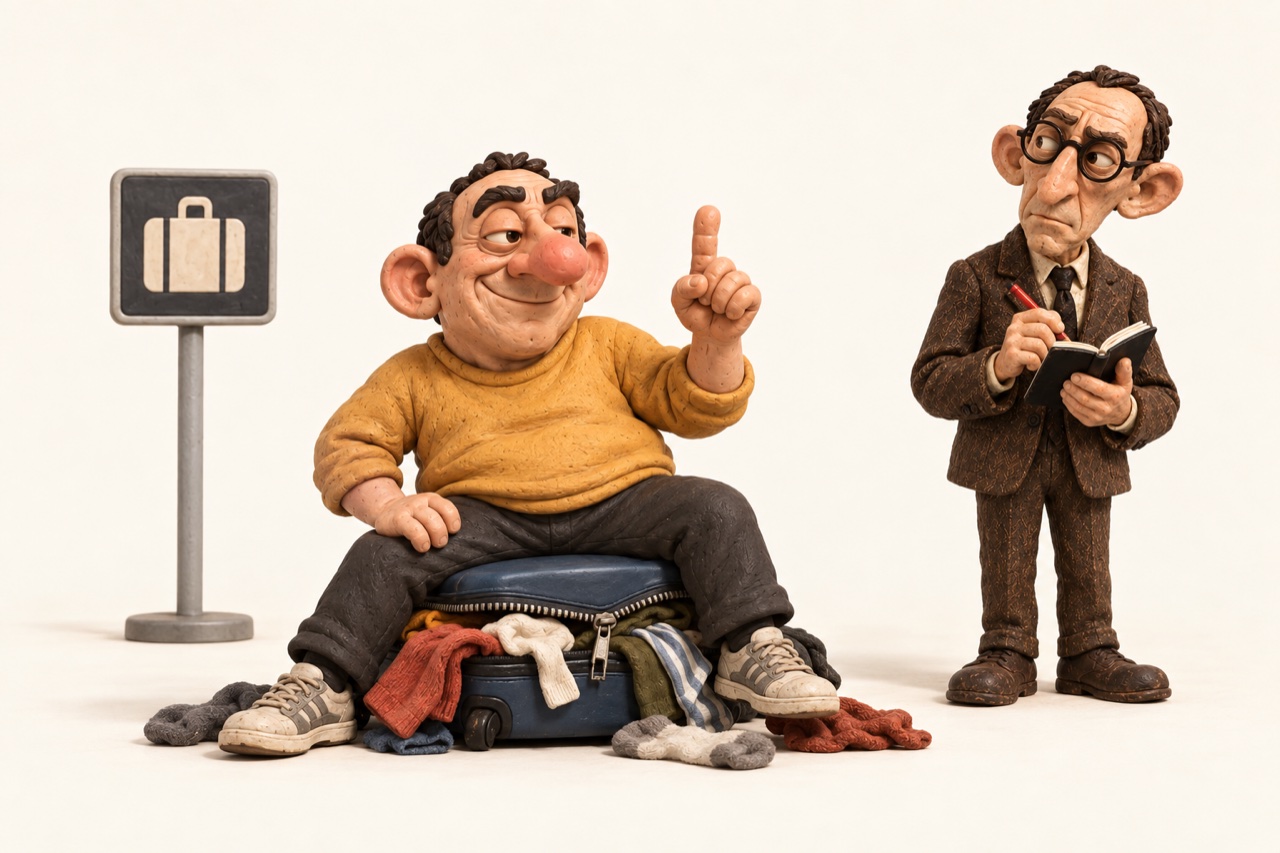 Человек пытается закрыть переполненный чемодан